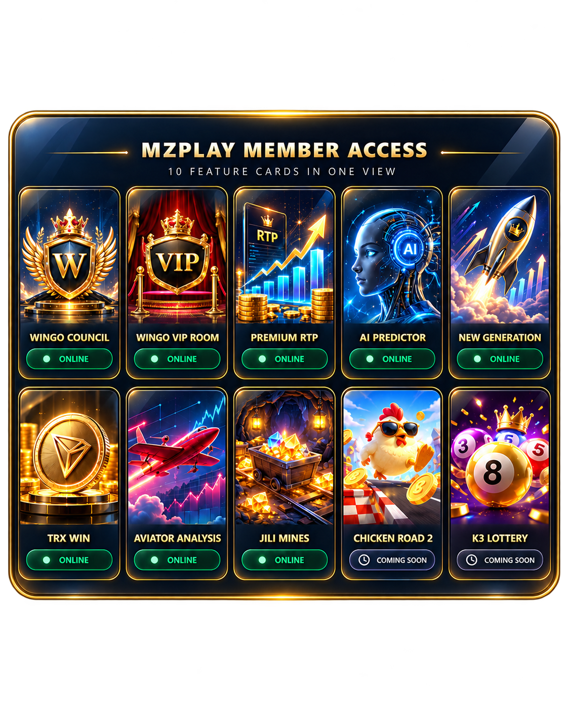 MZPlay member access panel showing 10 feature cards in one view
